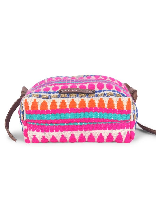 VASA Multi Pink Handwoven Cotton Sling Bag, Multi-coloured Geometric Pattern - Image 4